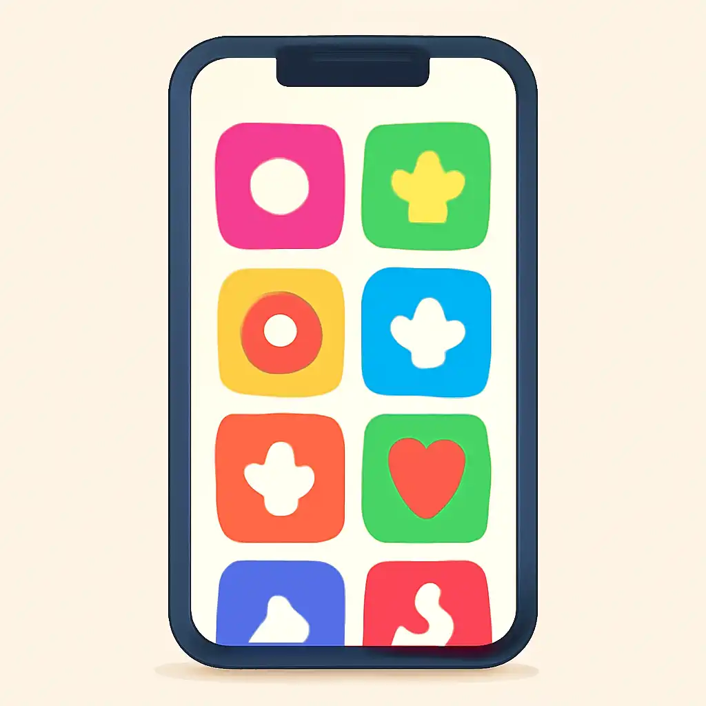 Smartphone shown from the front displaying a colourful flat layout of abstract game icons and rounded tiles (no text, no letters, no labels), 55 Lottery