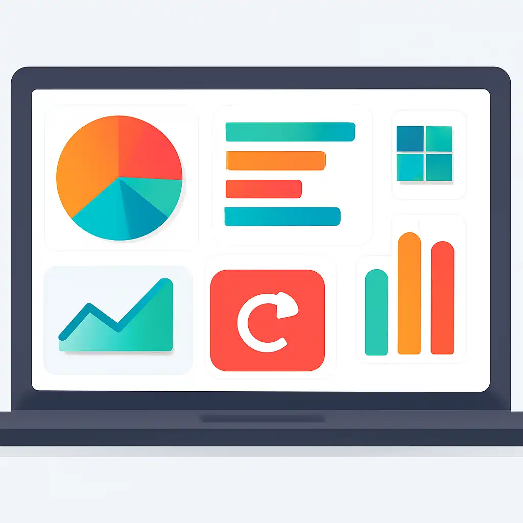 Laptop shown from the front displaying a colourful flat dashboard of abstract charts, bars and icon tiles (no text, no letters, no labels), 55 Lottery