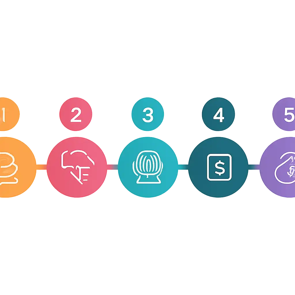 Five numbered circular icons connected by arrows in a horizontal flow, flat illustration, icons only, no words, 55 Lottery steps